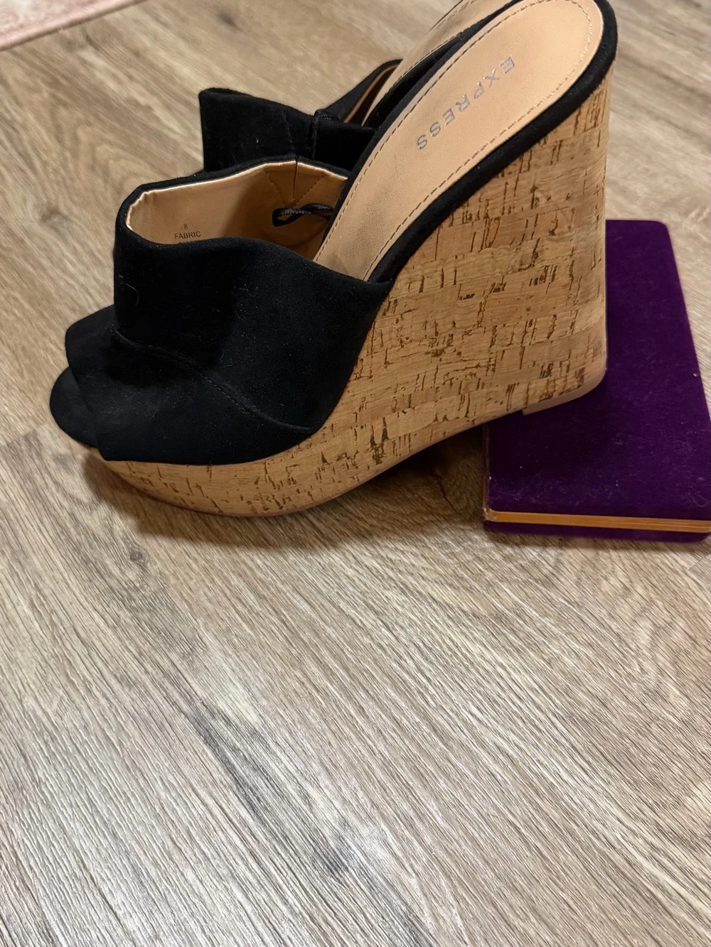 Express Black Suede Cork Platform Wedges